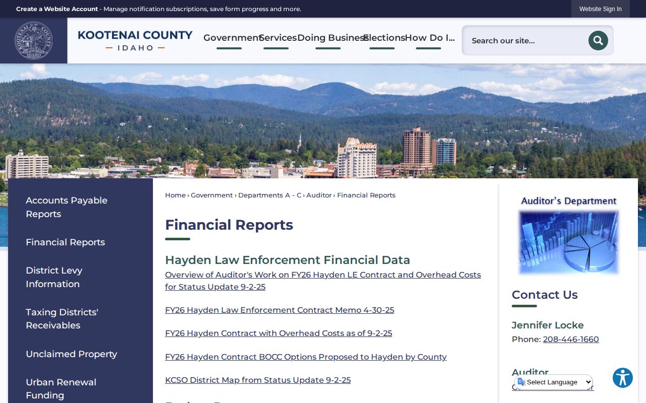 Kootenai County financial reports documenting Hayden law-enforcement services
