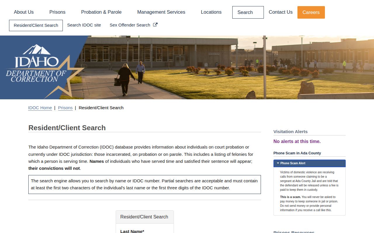 Idaho Department of Correction Resident Client Search for state custody records