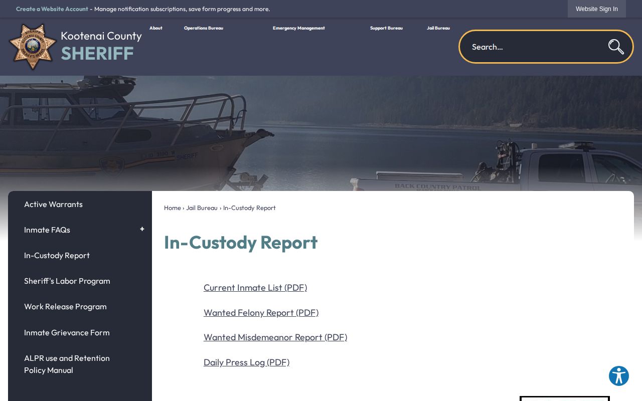 Kootenai County Sheriff In-Custody Report source for current custody records