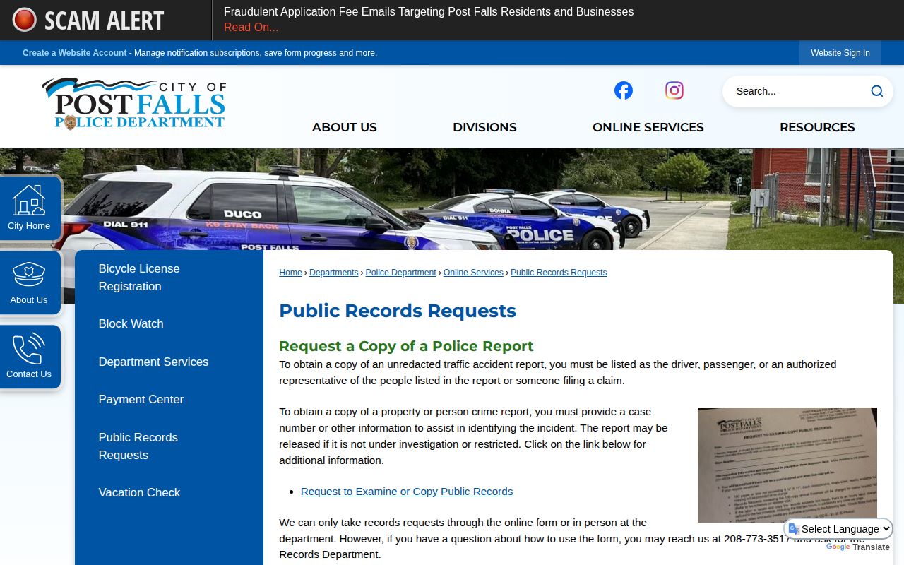 Post Falls public records request source page